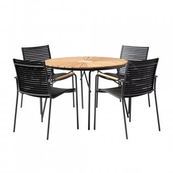 Snygg exklusiv cafégrupp från danska cinas. Runt stort bord i teak och 6 karmstolar. Hos Balkongshoppen