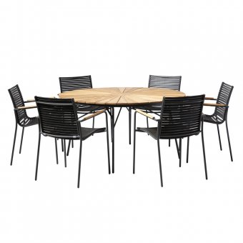 Snygg exklusiv matgrupp från danska cinas. Runt stort bord i teak och 6 karmstolar. Hos Balkongshoppen
