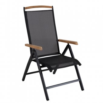 Snygg och exklusiv positionsstol från Brafab. Andy är tillverkad i aluminium, textilene och teak. Balkongshoppen