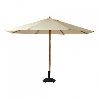 Snyggt större parasoll Lizzano från danska Cinas. Tyg i lyxig offwhite och pinne i teaklook. Balkongshoppen