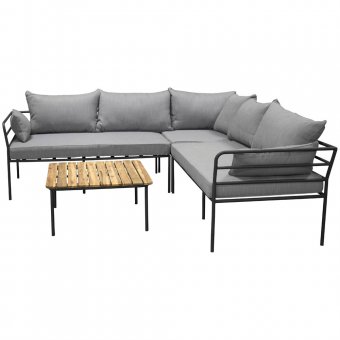 Penh Balkong Hörnsoffa Svart Alu/Akacia/Grå dyna