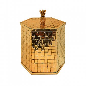 Gusums Messing Burk med lock och ananas i topp, handflätadade mässingsband