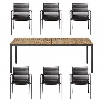 Snygg matgrupp utomhus från CInas med 6 stolar och rektangulärt bord i teak/aluminium. Hos Balkongshoppen