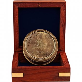 Gusums Messing Kompass och solur i antikiserad mässing, inkl träask